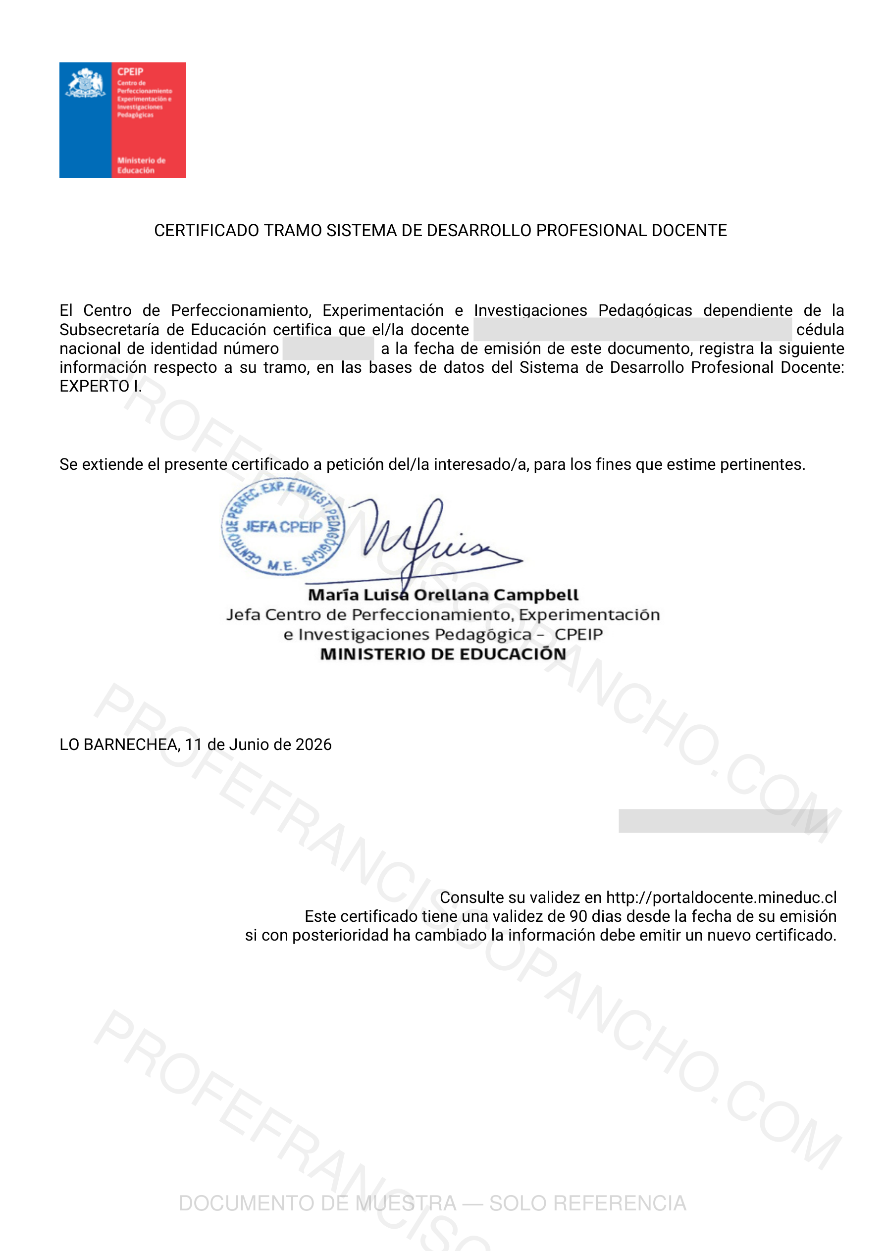 Certificado de tramo EXPERTO I — CPEIP, Ministerio de Educación (muestra)