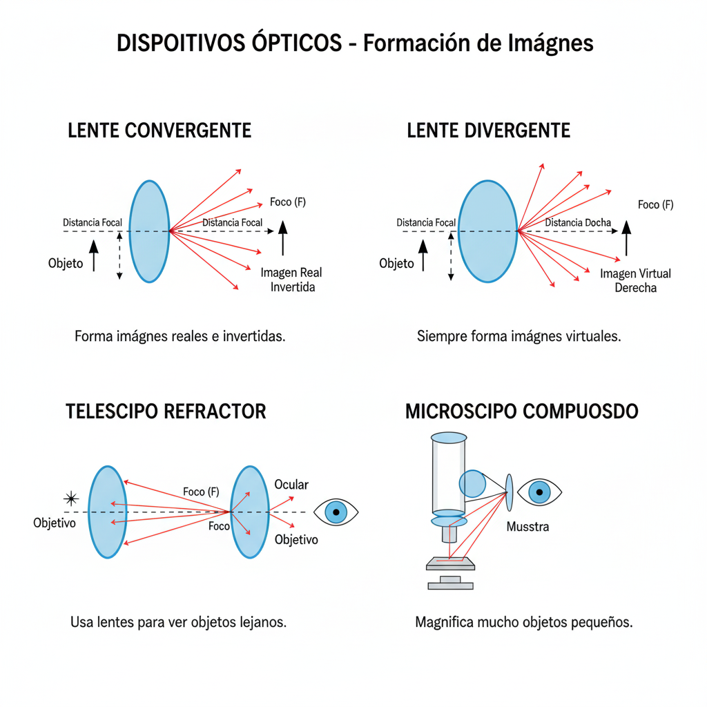 Dispositivos ópticos: lentes convergentes/divergentes, espejos, telescopio y microscopio