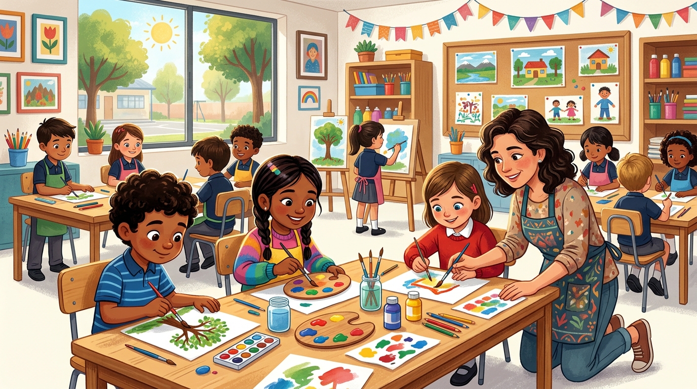Niñas y niños pintando y dibujando en una clase de Artes Visuales, rodeados de témperas, pinceles y trabajos en proceso