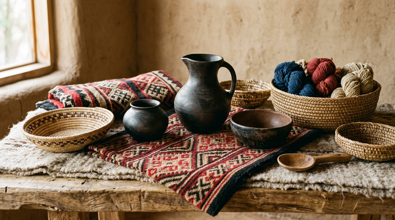 Piezas del arte de los pueblos originarios de Chile: textiles mapuche con motivos geométricos, alfarería en arcilla y cestería de fibras vegetales