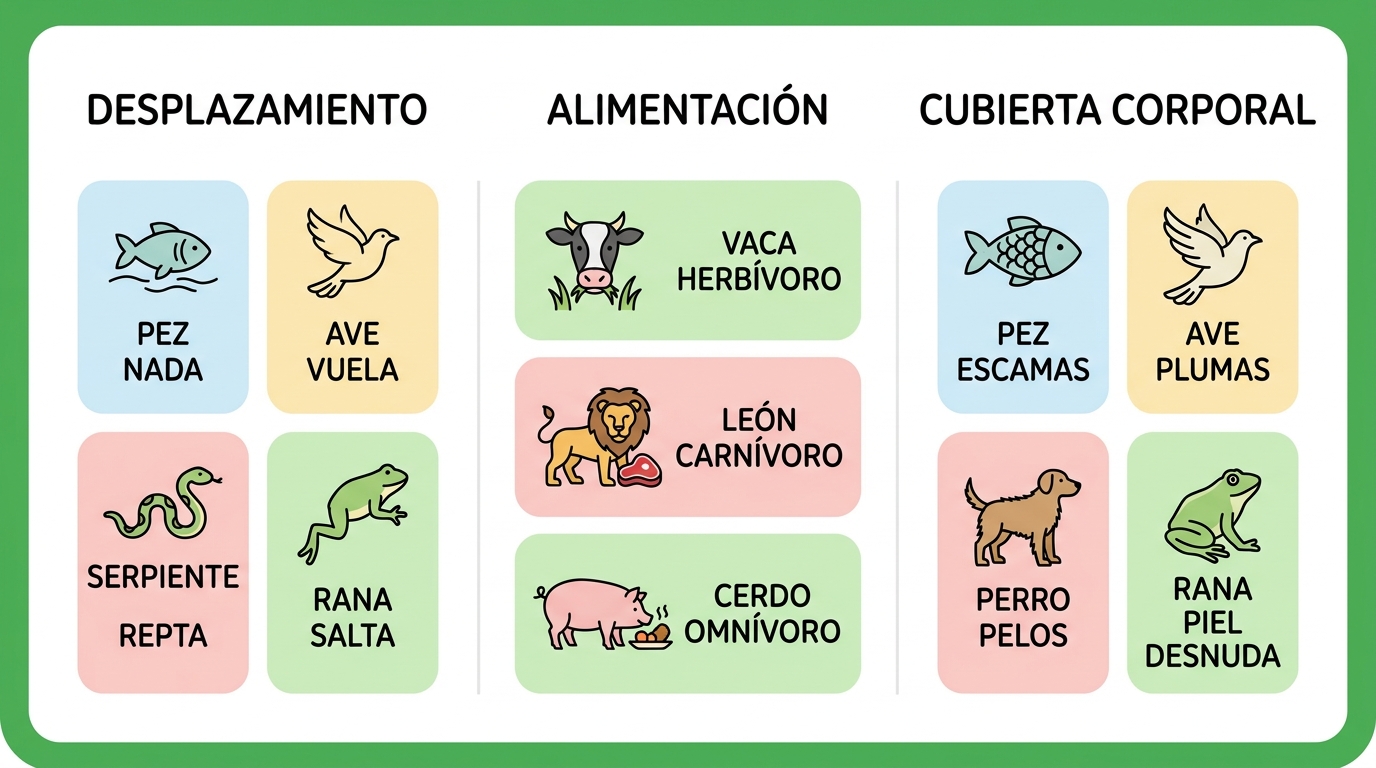 Criterios para clasificar animales: desplazamiento, alimentación y cubierta corporal