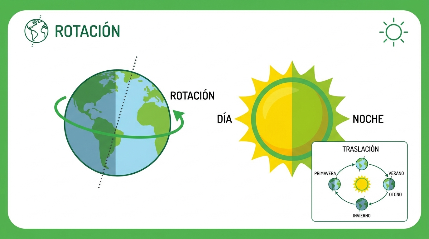 El día y la noche por la rotación y las estaciones por la traslación con el eje inclinado