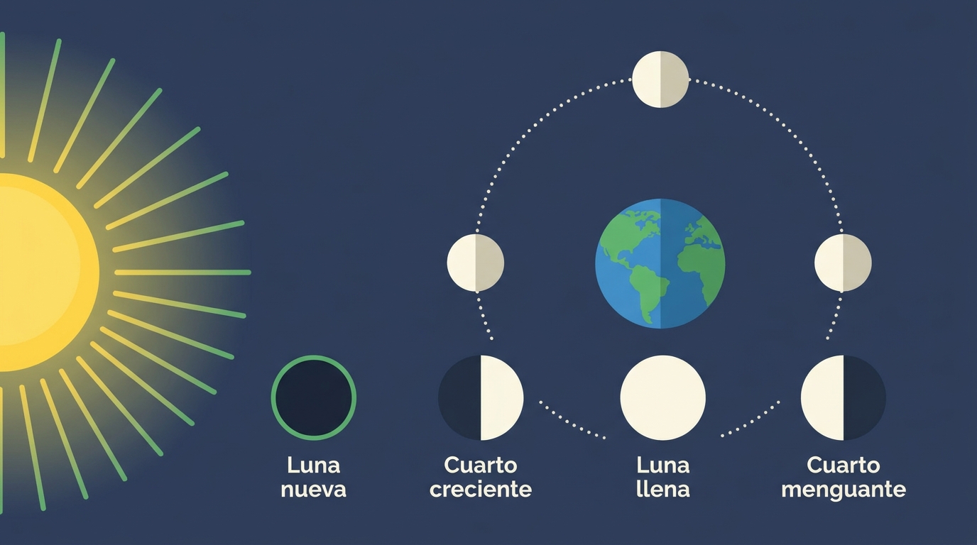 Las fases de la Luna según su posición respecto al Sol y la Tierra