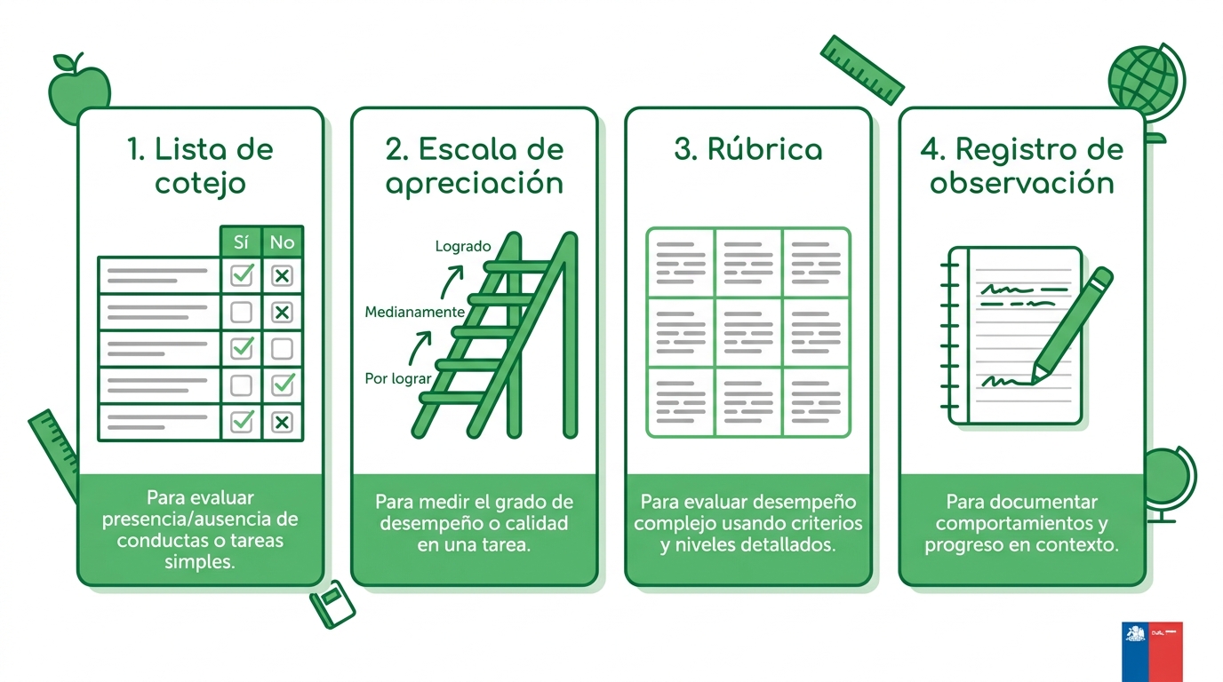 Cuatro instrumentos de evaluación: lista de cotejo, escala de apreciación, rúbrica e indicadores, y cuándo usar cada uno