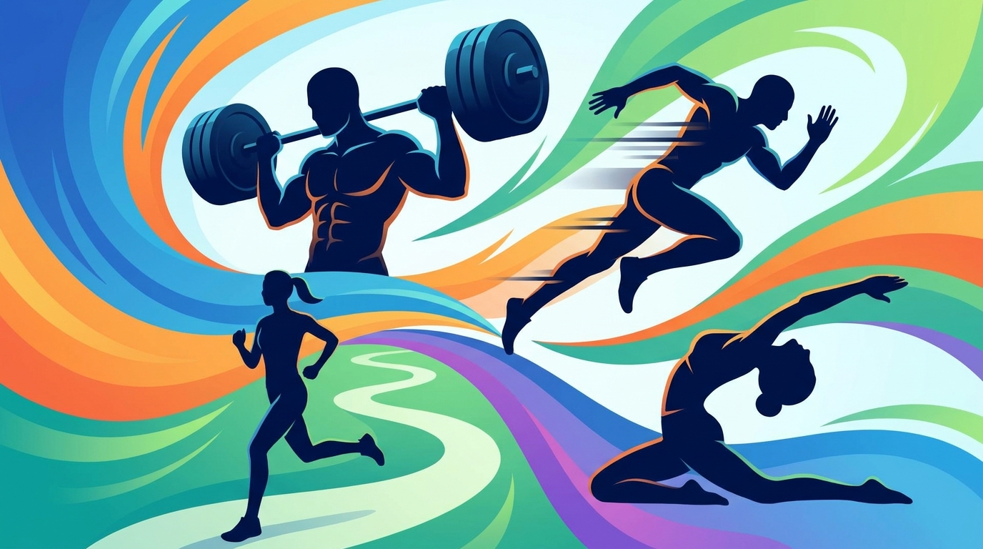 Cuatro escenas de las cualidades físicas: una persona levantando peso (fuerza), una corriendo a toda velocidad (velocidad), otra trotando largo (resistencia) y otra elongando (flexibilidad)