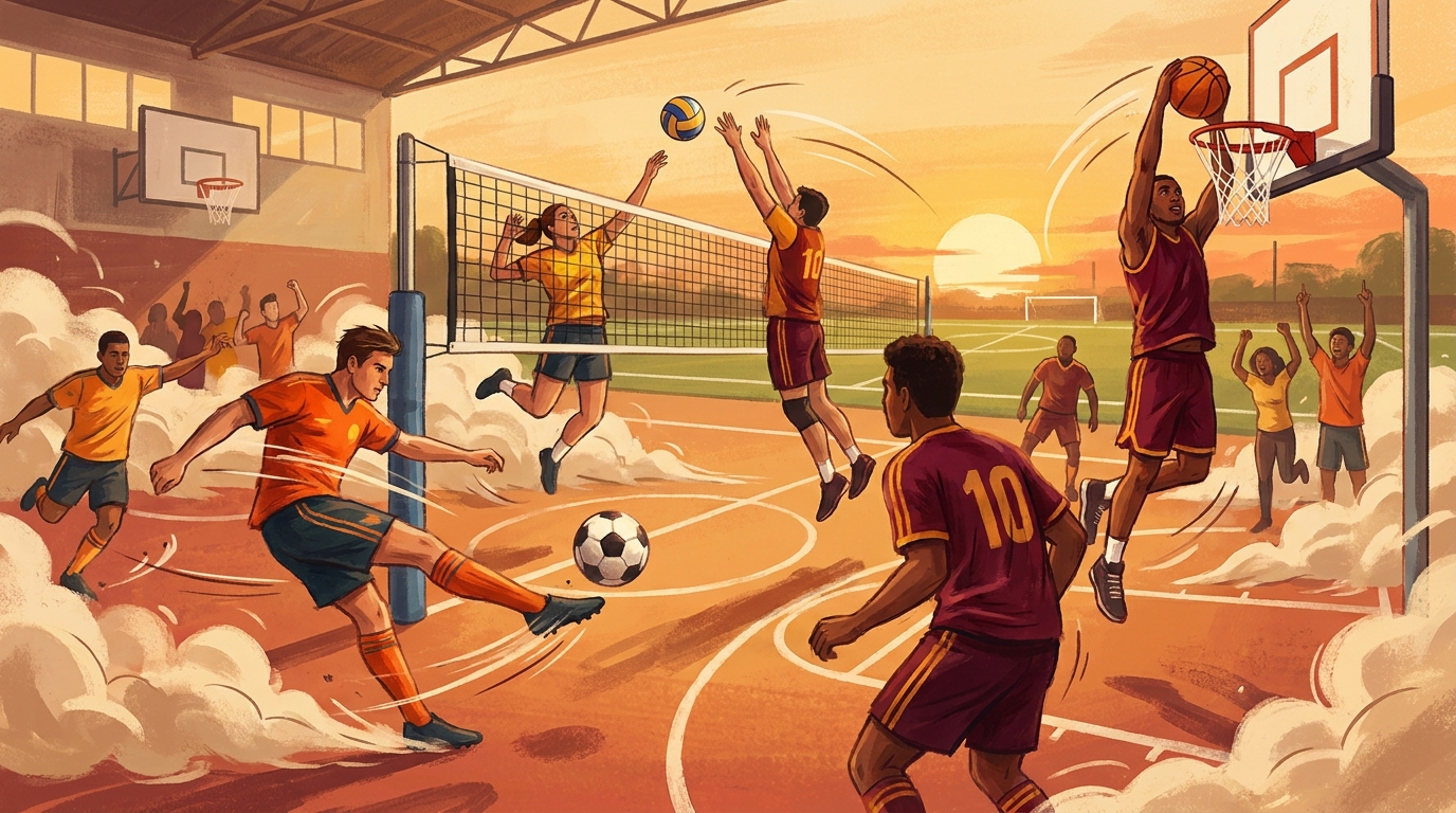 Escena de un partido de deporte colectivo con jugadores ocupando posiciones, junto a íconos de un balón de fútbol, uno de básquetbol y uno de vóleibol
