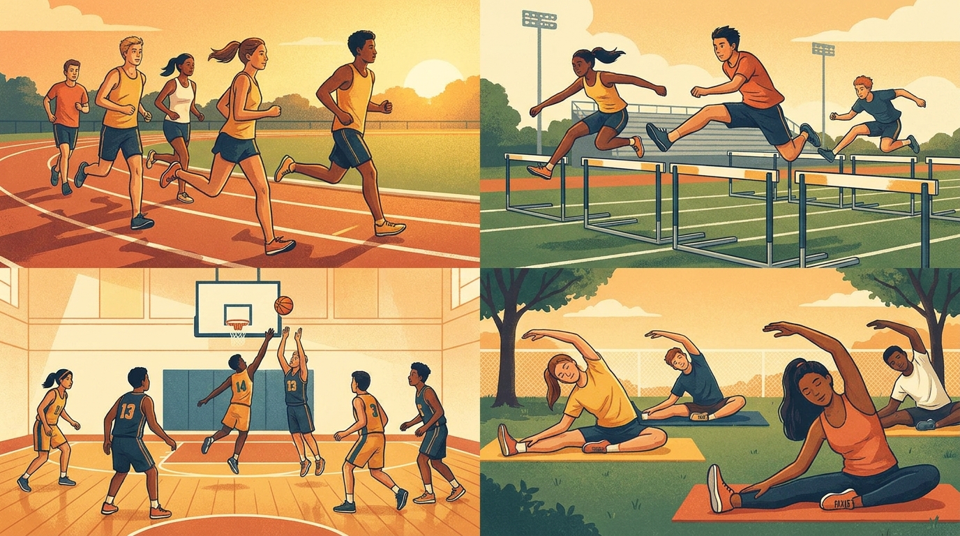 Estudiantes de enseñanza media realizando actividad física variada: carrera, salto, deporte colectivo y elongación, con un esquema del cuerpo en movimiento