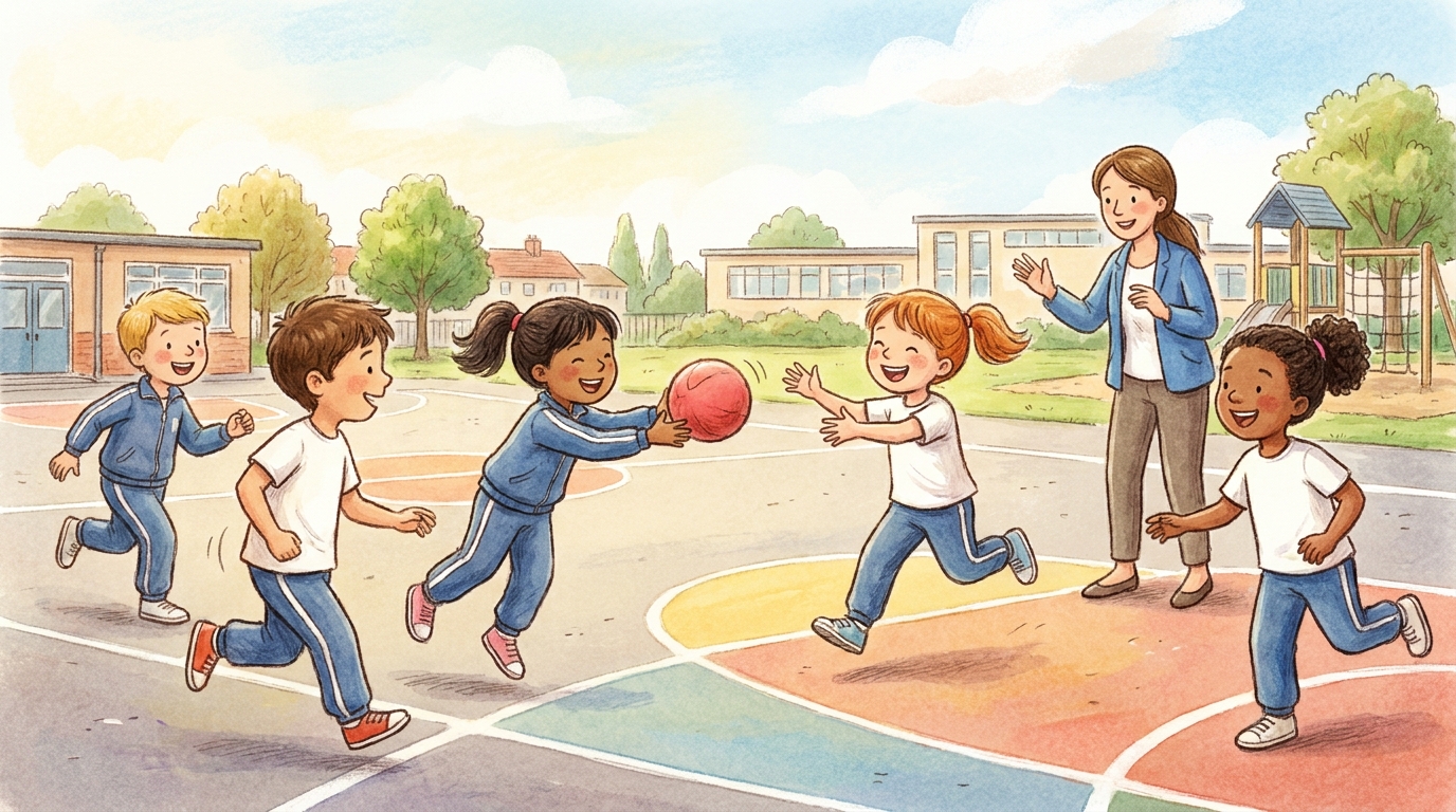 Estudiantes de educación básica en una clase de educación física, realizando pases con balón en una cancha, guiados por su profesor