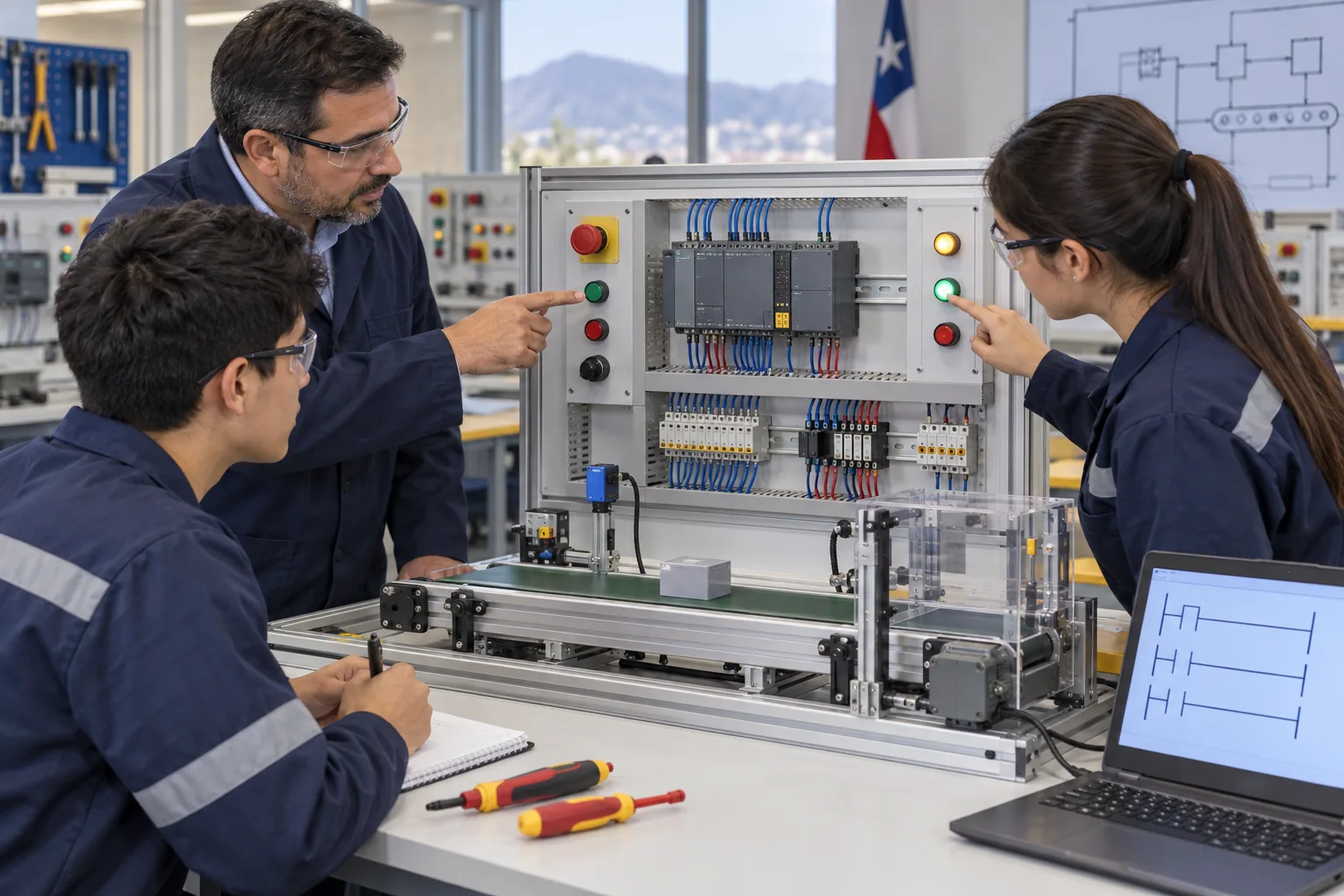 Docente y estudiantes prueban un panel didáctico con PLC, pulsadores, pilotos y una cinta transportadora de entrenamiento
