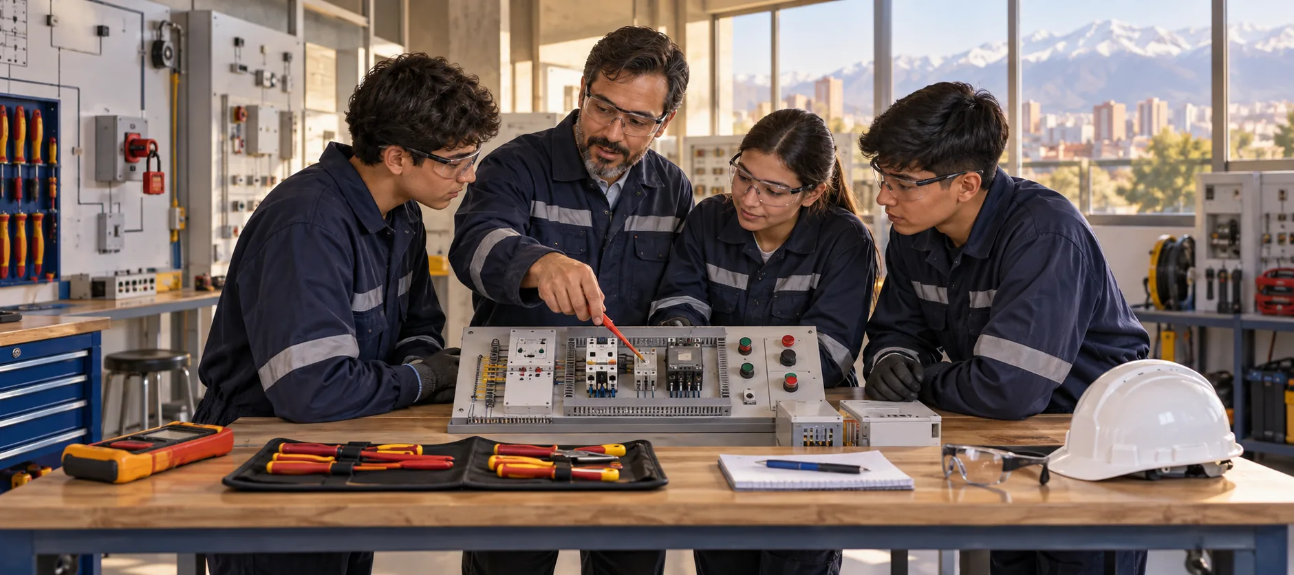 Docente y estudiantes de Electricidad trabajando colaborativamente en un panel didáctico dentro de un taller técnico