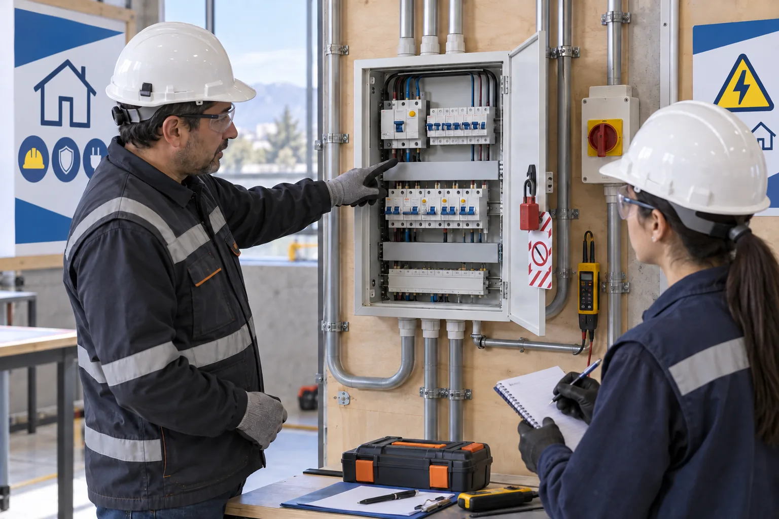 Instructor y estudiante inspeccionan un tablero eléctrico desenergizado con bloqueo, canalizaciones y elementos de protección