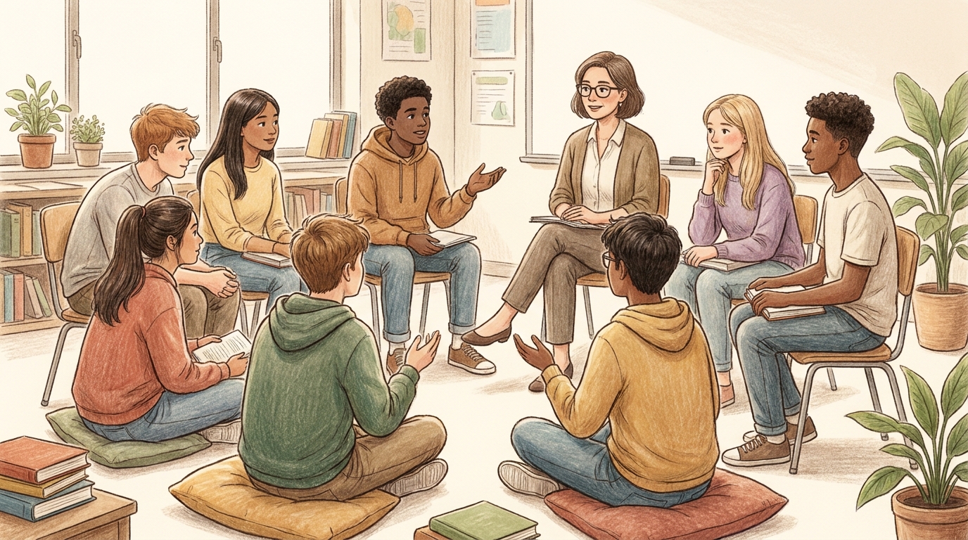 Estudiantes de educación media dialogando en círculo con su profesor, en una comunidad de indagación filosófica