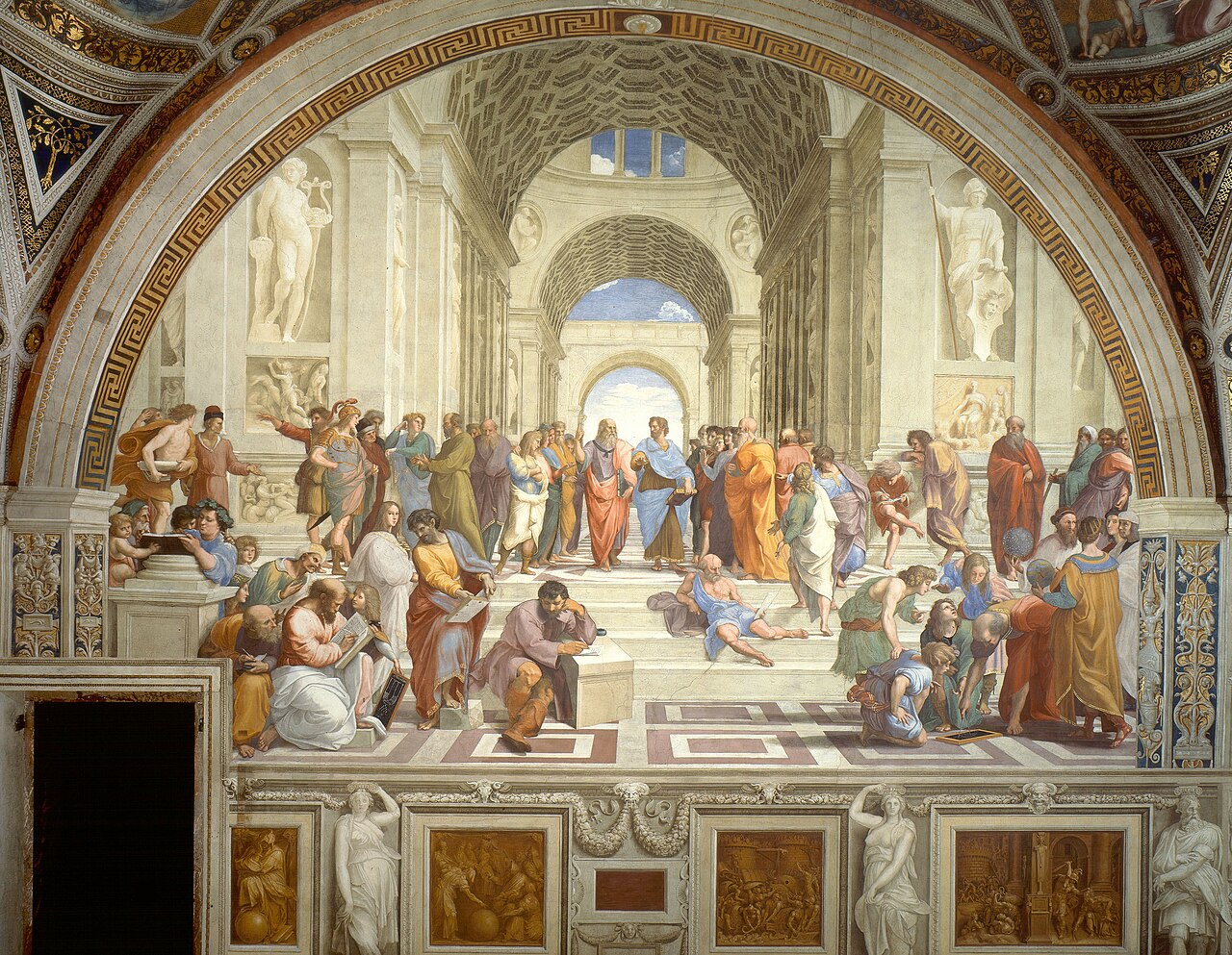 Detalle de La Escuela de Atenas de Rafael, con Platón señalando al cielo y Aristóteles a la tierra, rodeados de filósofos de la Antigüedad