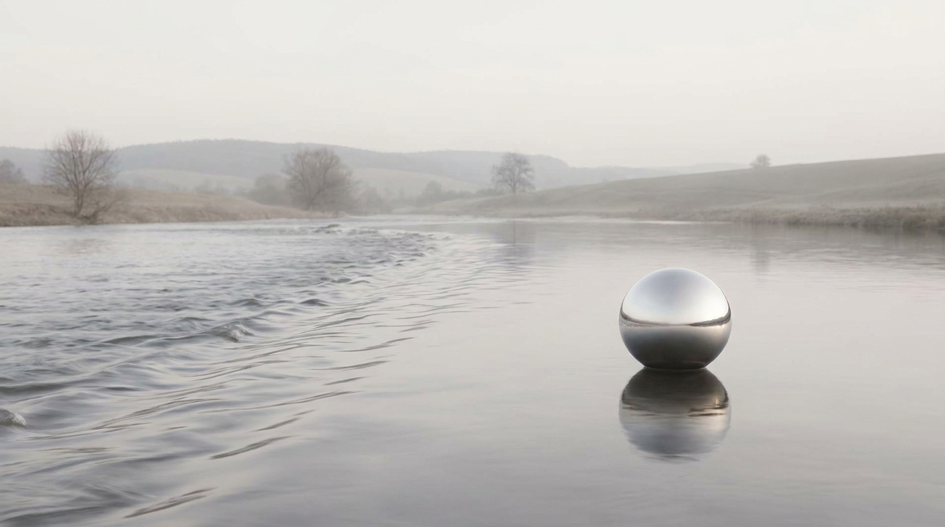 Un río que fluye junto a una esfera inmóvil, símbolo de la disputa entre Heráclito y Parménides sobre el cambio y el ser