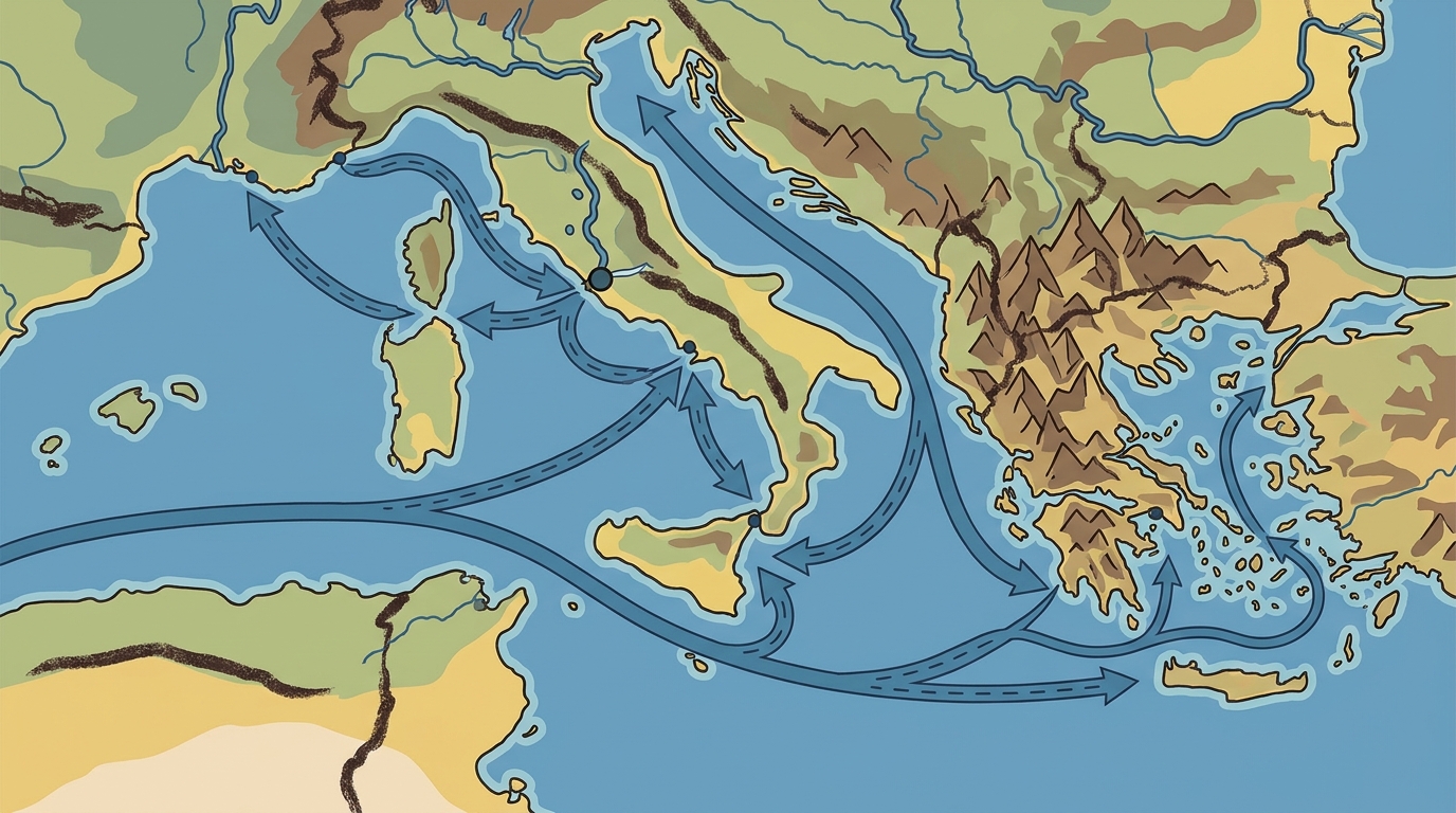 Mapa del Mediterráneo mostrando Grecia montañosa y fragmentada y Roma en posición central, con el mar como vía de comercio