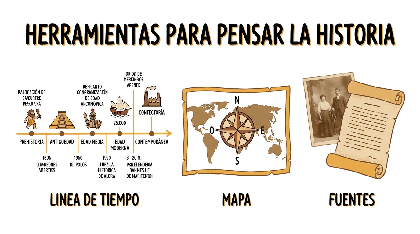 Herramientas para pensar la historia y la geografía: línea de tiempo, mapa y fuentes