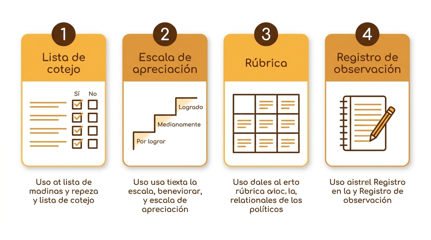 Instrumentos de evaluación: lista de cotejo, escala de apreciación, rúbrica y registro de observación, y cuándo usar cada uno