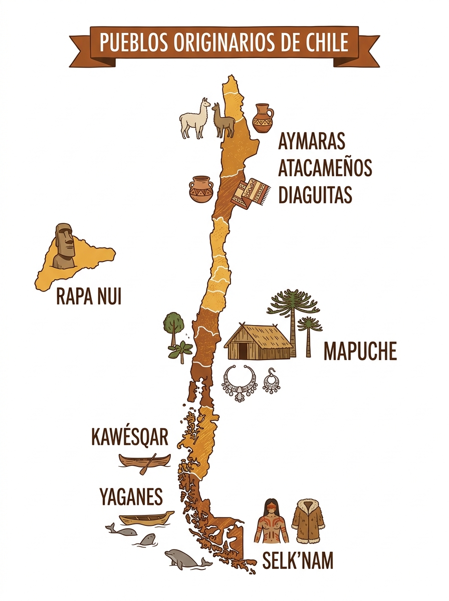 Mapa de Chile con los pueblos originarios por zona