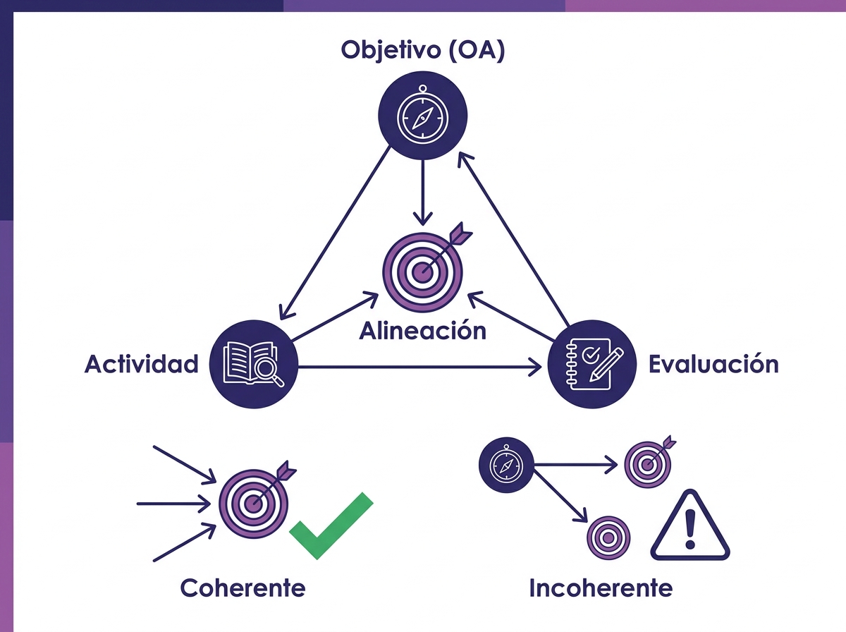 Esquema de alineación entre el objetivo de aprendizaje, la actividad y la evaluación apuntando al mismo logro
