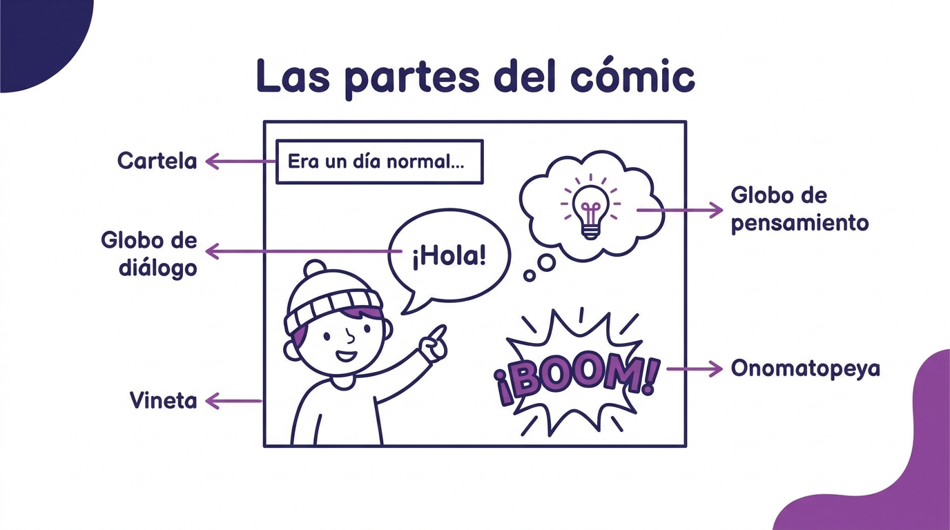 Partes del cómic señaladas: viñeta, globos de diálogo, onomatopeya y cartela