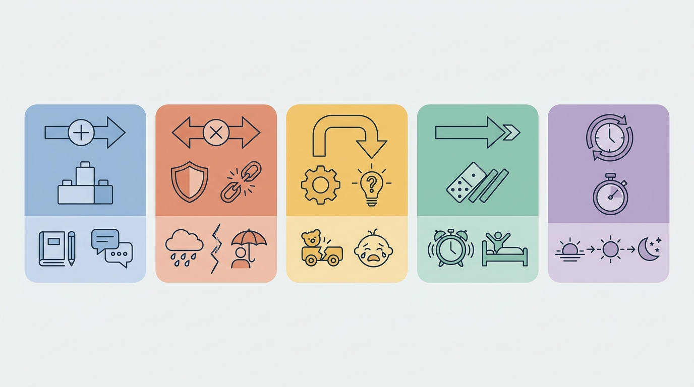 Conectores agrupados por su valor lógico: copulativo, adversativo, causal, consecutivo y temporal, con ejemplos
