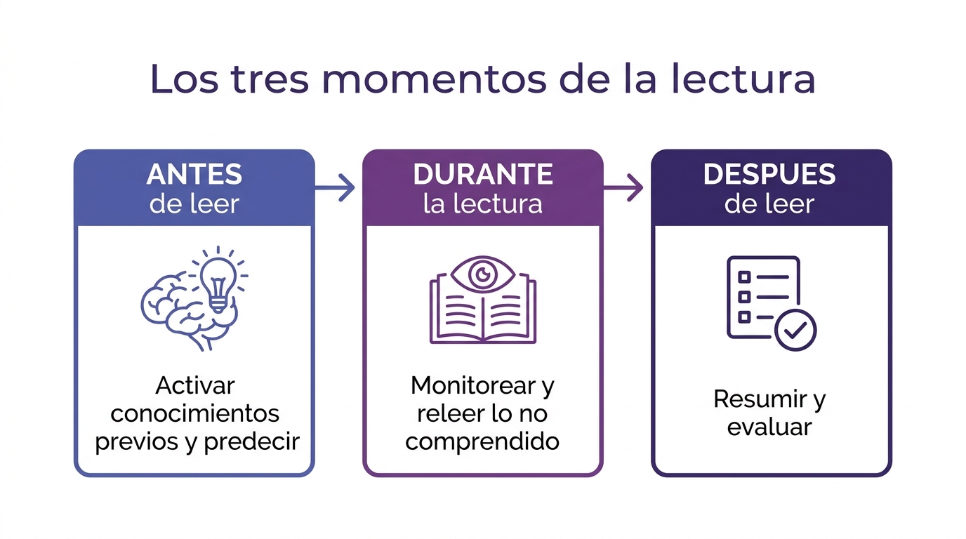 Esquema de los tres momentos de la lectura: estrategias para antes, durante y después de leer