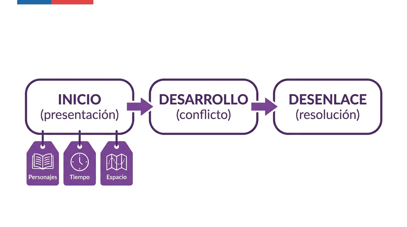 Organizador con las tres partes del relato: inicio, desarrollo y desenlace