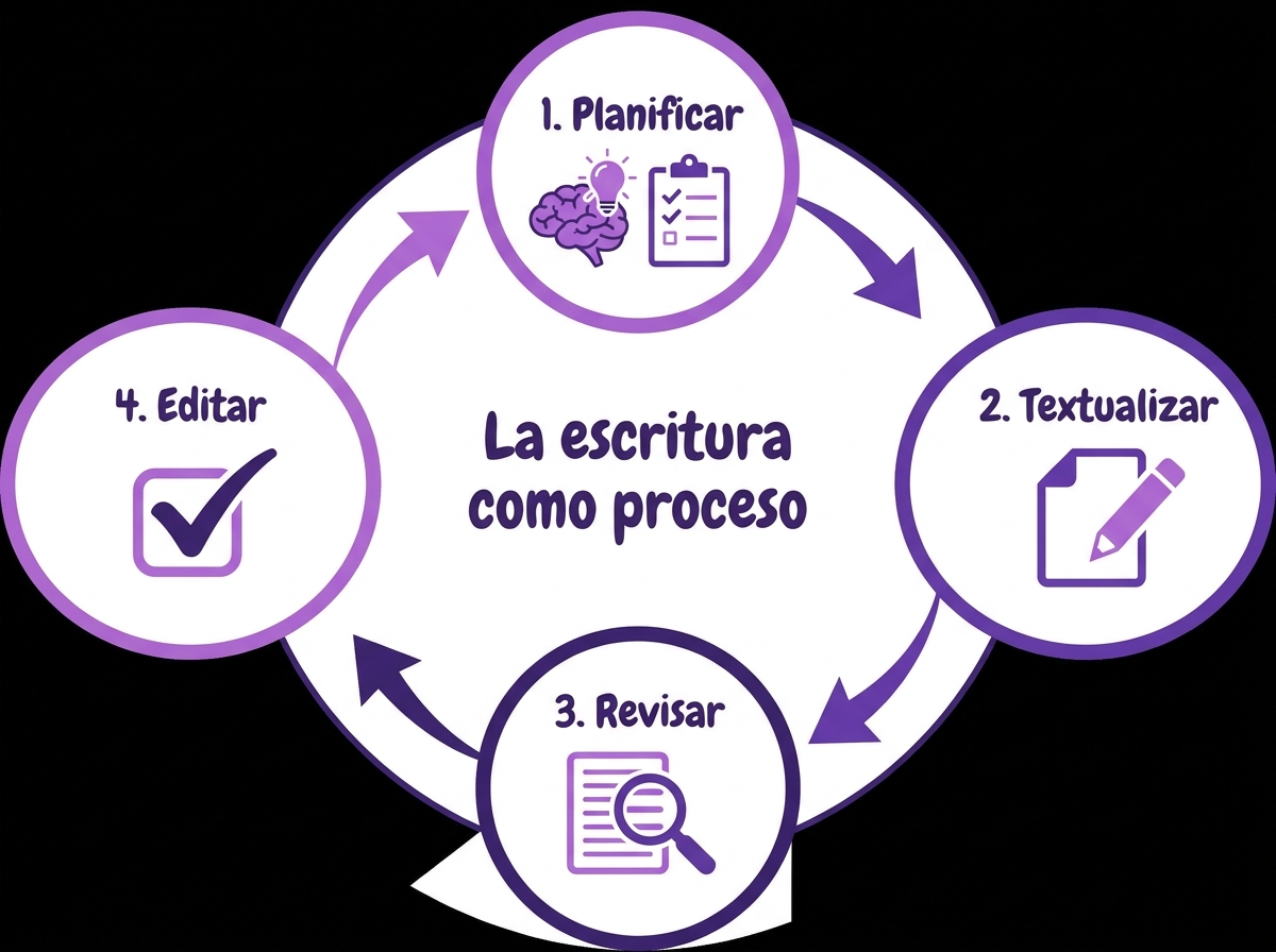 Esquema del proceso de escritura por etapas: planificar, escribir, revisar, reescribir y editar