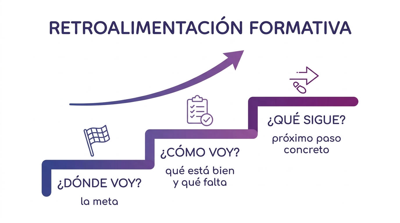 Esquema de retroalimentación formativa con las tres preguntas que guían al estudiante: hacia dónde voy, cómo voy y qué sigue