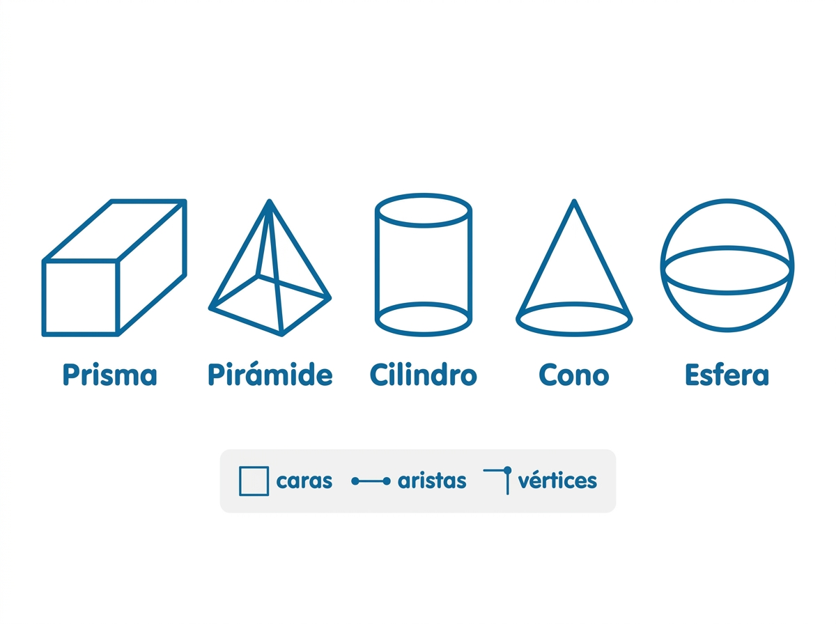 Cinco cuerpos geométricos rotulados: prisma, pirámide, cilindro, cono y esfera, con leyenda de caras, aristas y vértices