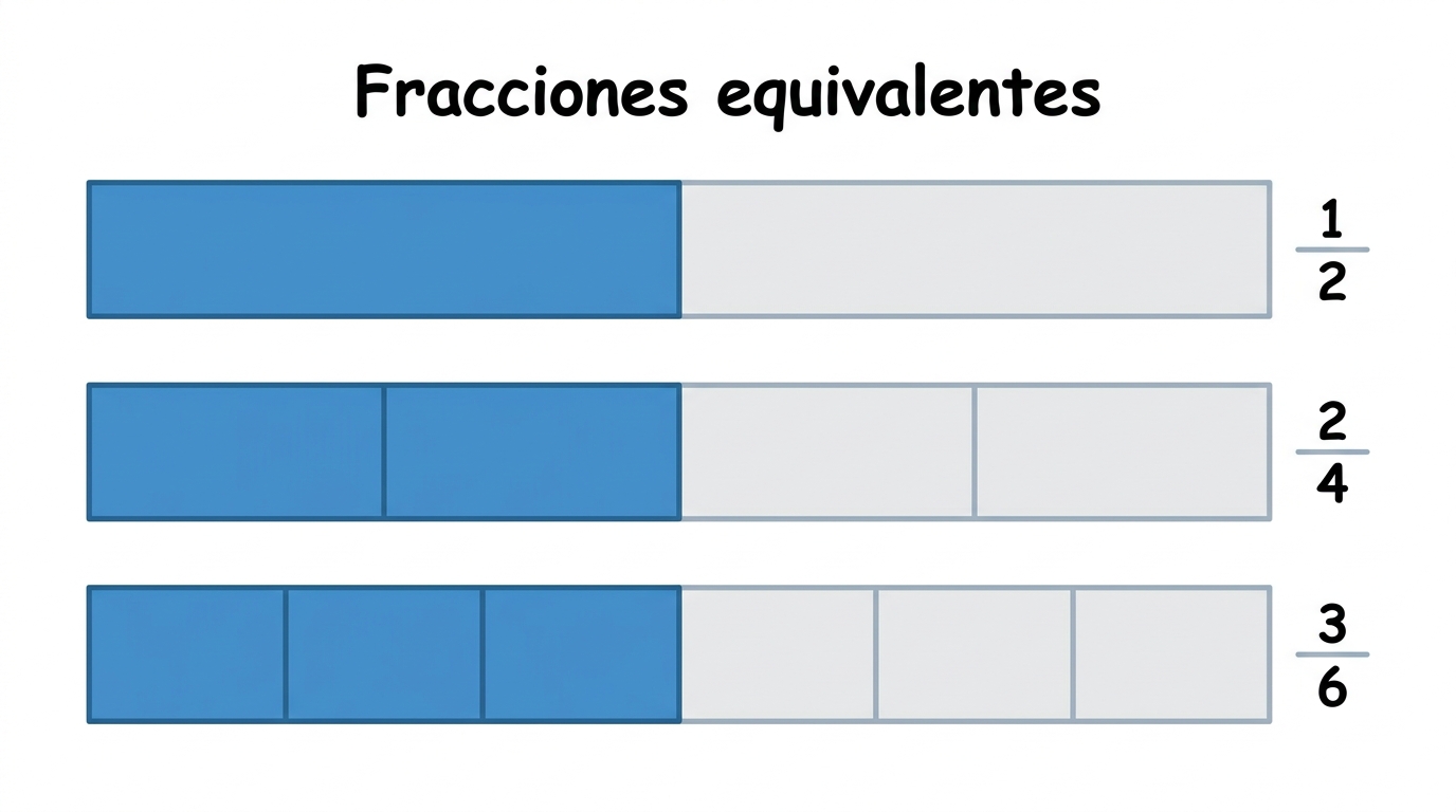 Tres barras de igual largo que muestran que un medio, dos cuartos y tres sextos cubren la misma parte del entero