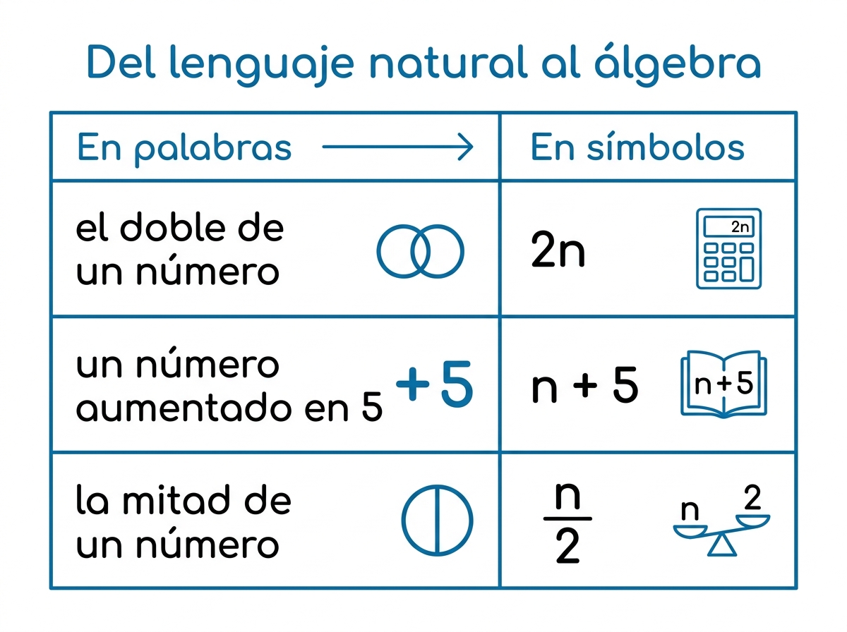 Tabla: del lenguaje natural al álgebra. El doble de un número → 2n; un número aumentado en 5 → n + 5; la mitad de un número → n/2