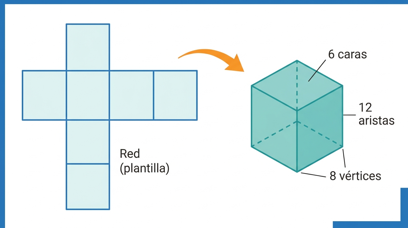 La red o plantilla de un cubo se pliega en el cuerpo 3D: 6 caras, 12 aristas, 8 vértices