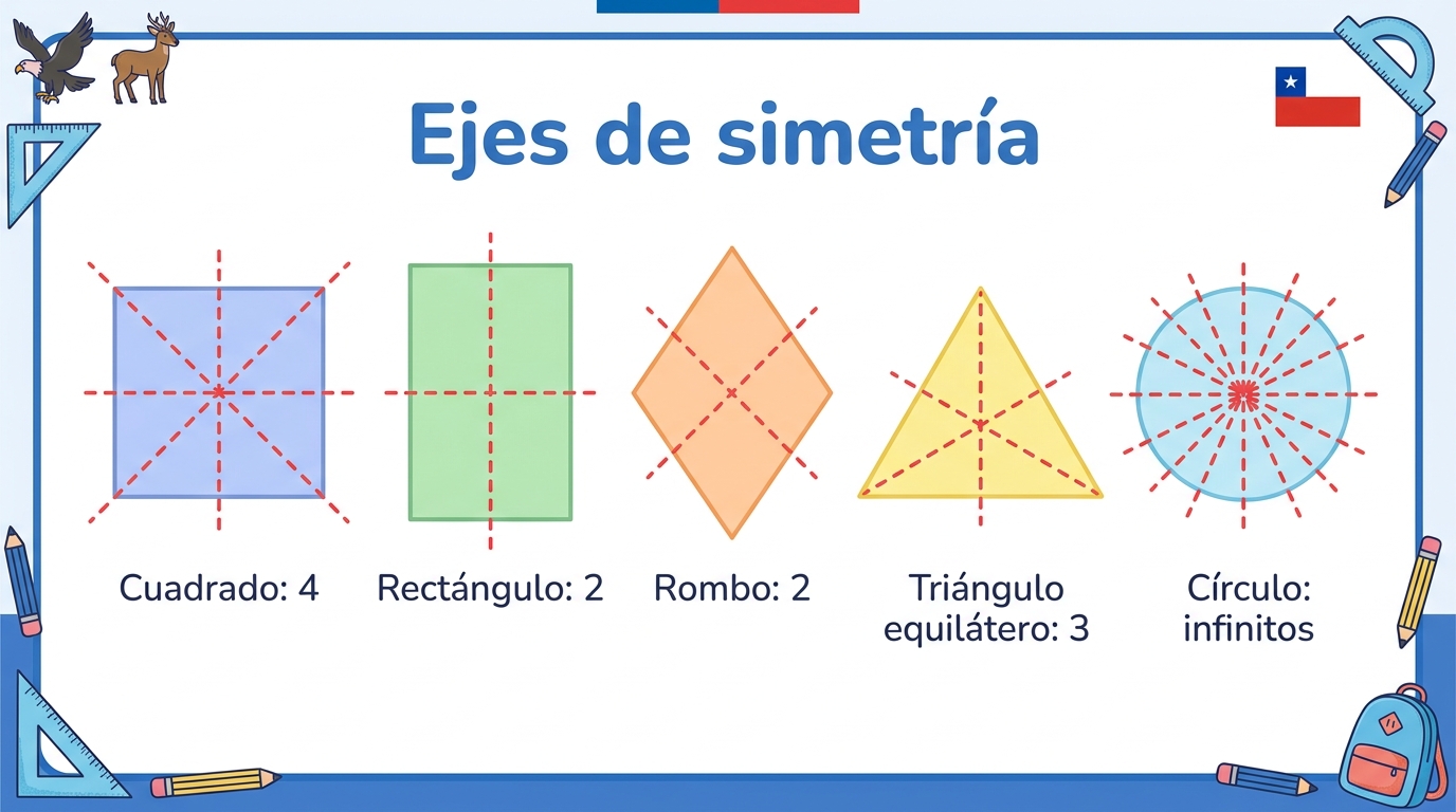 Ejes de simetría de cuadrado, rectángulo, rombo, triángulo equilátero y círculo