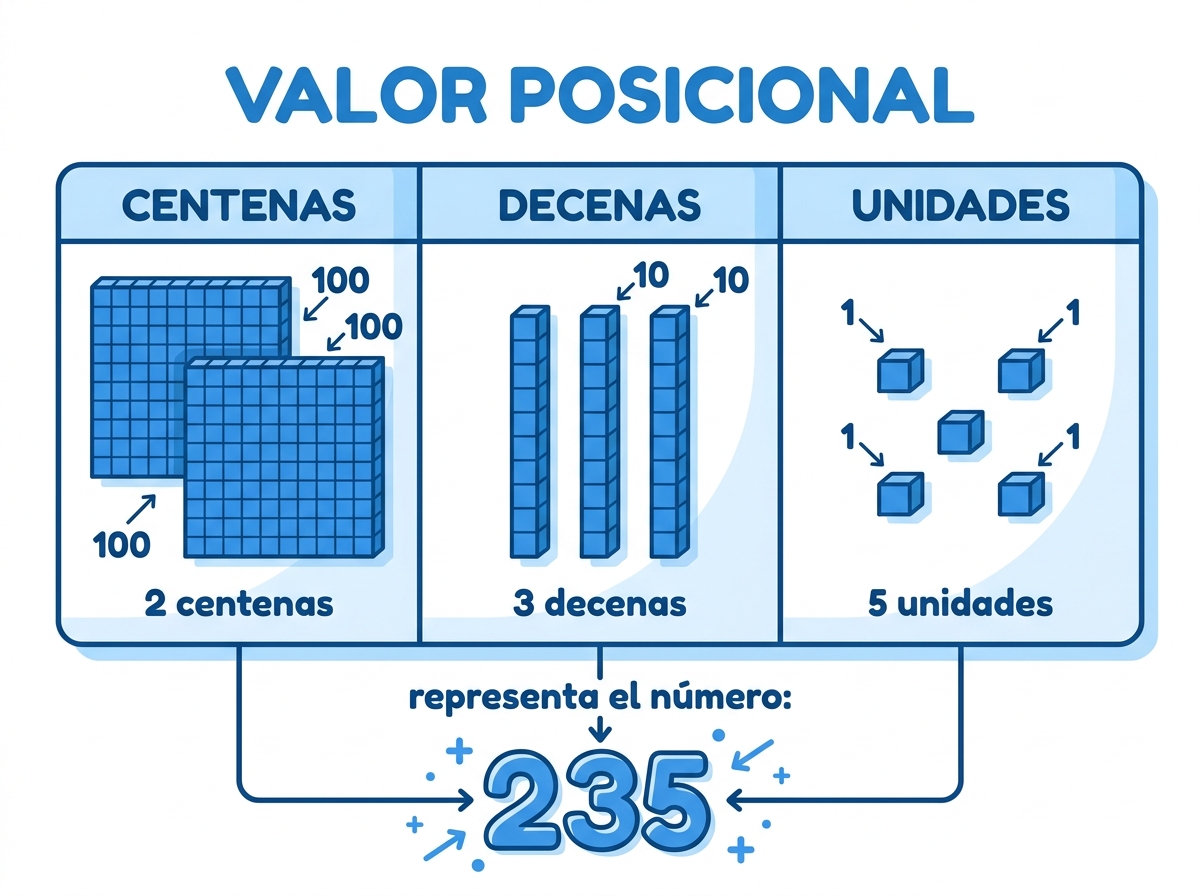 El número 235 descompuesto en 2 centenas, 3 decenas y 5 unidades con bloques de base diez