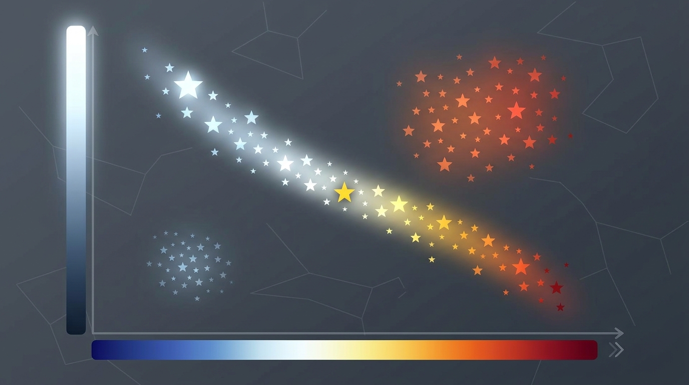 Diagrama de Hertzsprung-Russell: luminosidad en el eje vertical y temperatura (de caliente a frío, de izquierda a derecha) en el horizontal, con la secuencia principal en diagonal, las gigantes arriba a la derecha y las enanas blancas abajo a la izquierda