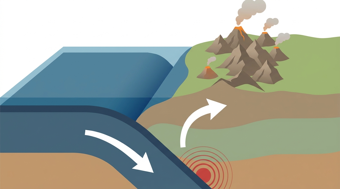 Esquema de subducción frente a Chile: la placa oceánica de Nazca se hunde bajo la placa continental Sudamericana, formando una fosa, terremotos y la cordillera con volcanes