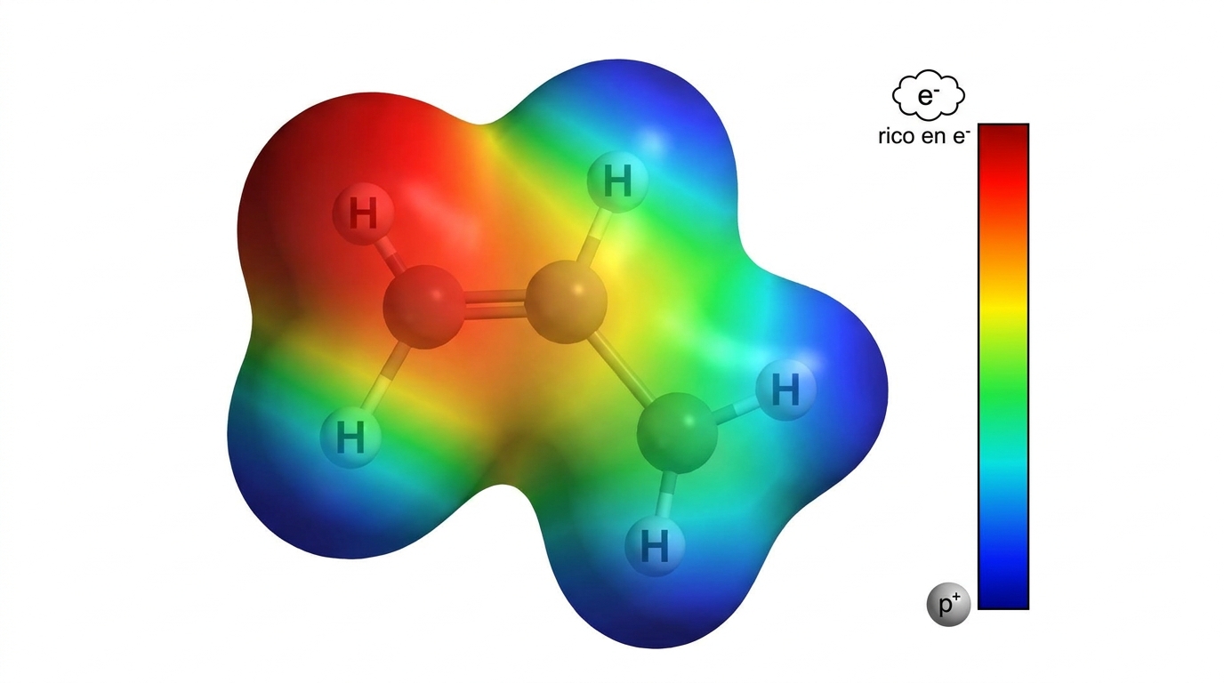Mapa de potencial electrostático de una molécula: las zonas ricas en electrones aparecen en rojo y las pobres en electrones en azul, con una escala de color de rojo a azul