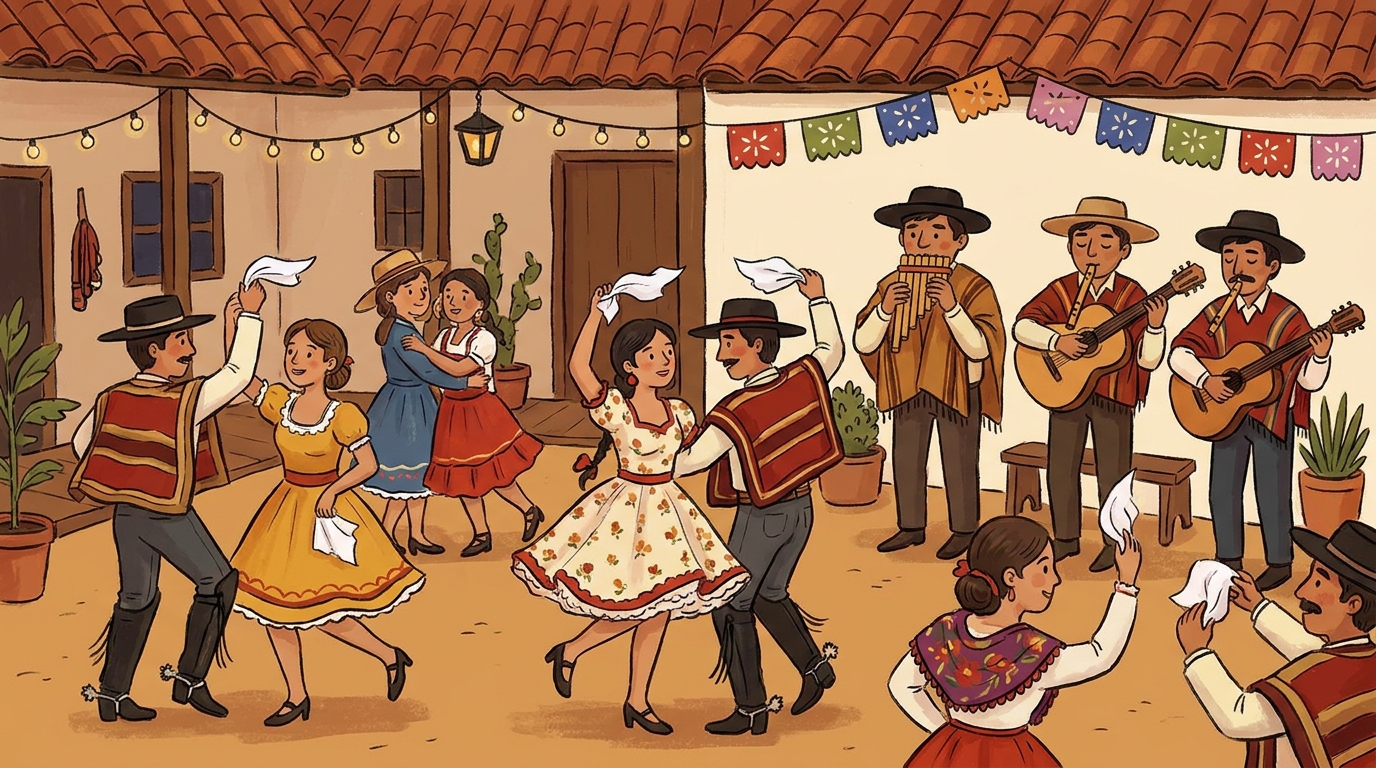 Escena de folclor chileno: pareja bailando cueca con pañuelo, acompañada de guitarra y arpa