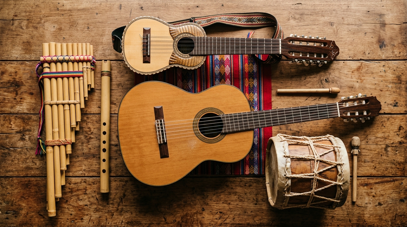 Instrumentos del repertorio latinoamericano y chileno dispuestos juntos: charango, quena, zampoña, guitarra y bombo