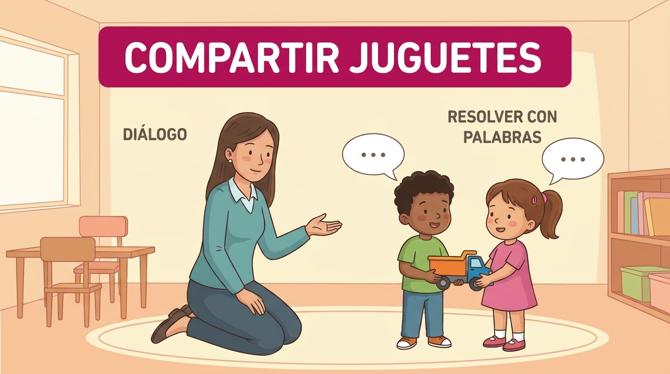 Educadora a la altura de dos párvulos mediando un conflicto por un juguete, invitándolos a hablar