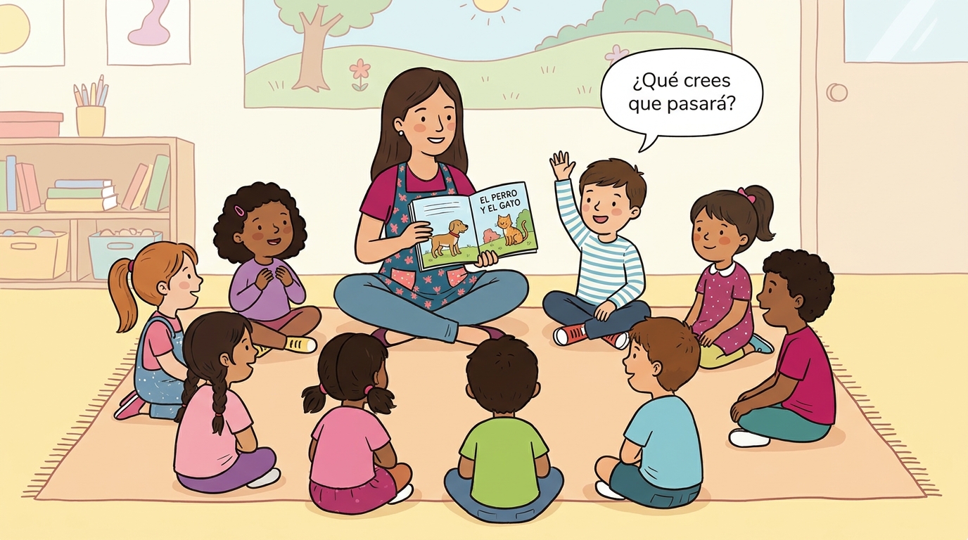 Educadora leyendo un cuento a un grupo de párvulos y haciendo preguntas abiertas