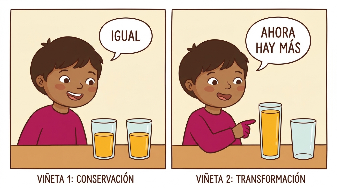 Prueba de conservación de líquido: el mismo jugo en un vaso alto y angosto le parece al niño preoperacional 'más' cantidad