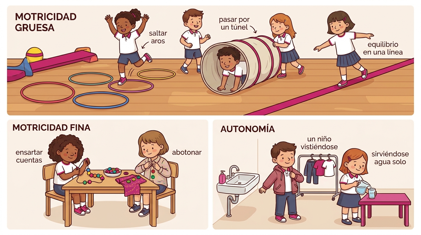 Tres experiencias de aula que desarrollan la psicomotricidad: circuito de motricidad gruesa, rincón de motricidad fina y rutinas de autonomía
