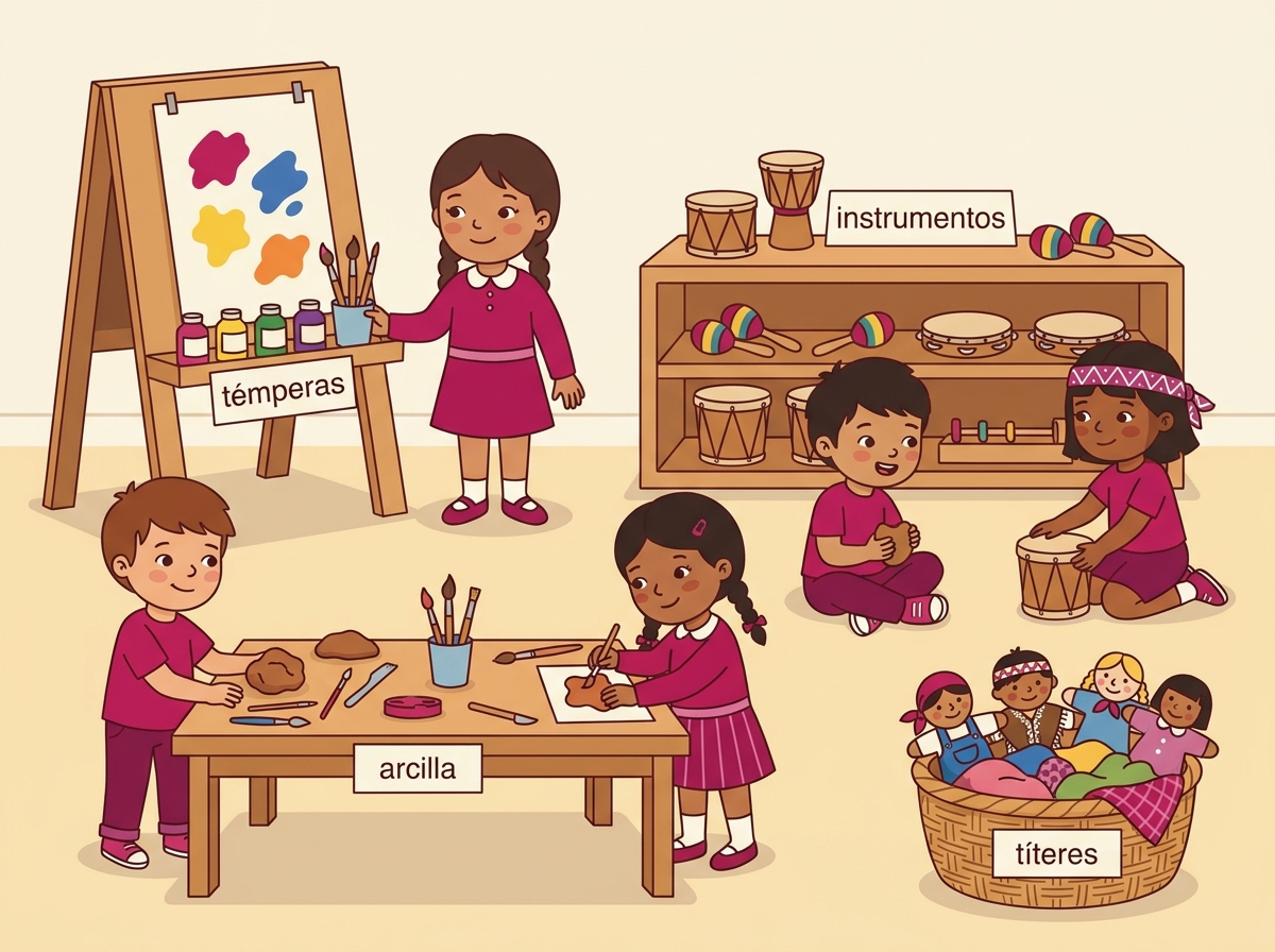 Rincón de arte con témperas, arcilla, instrumentos de percusión y títeres a la altura de los niños