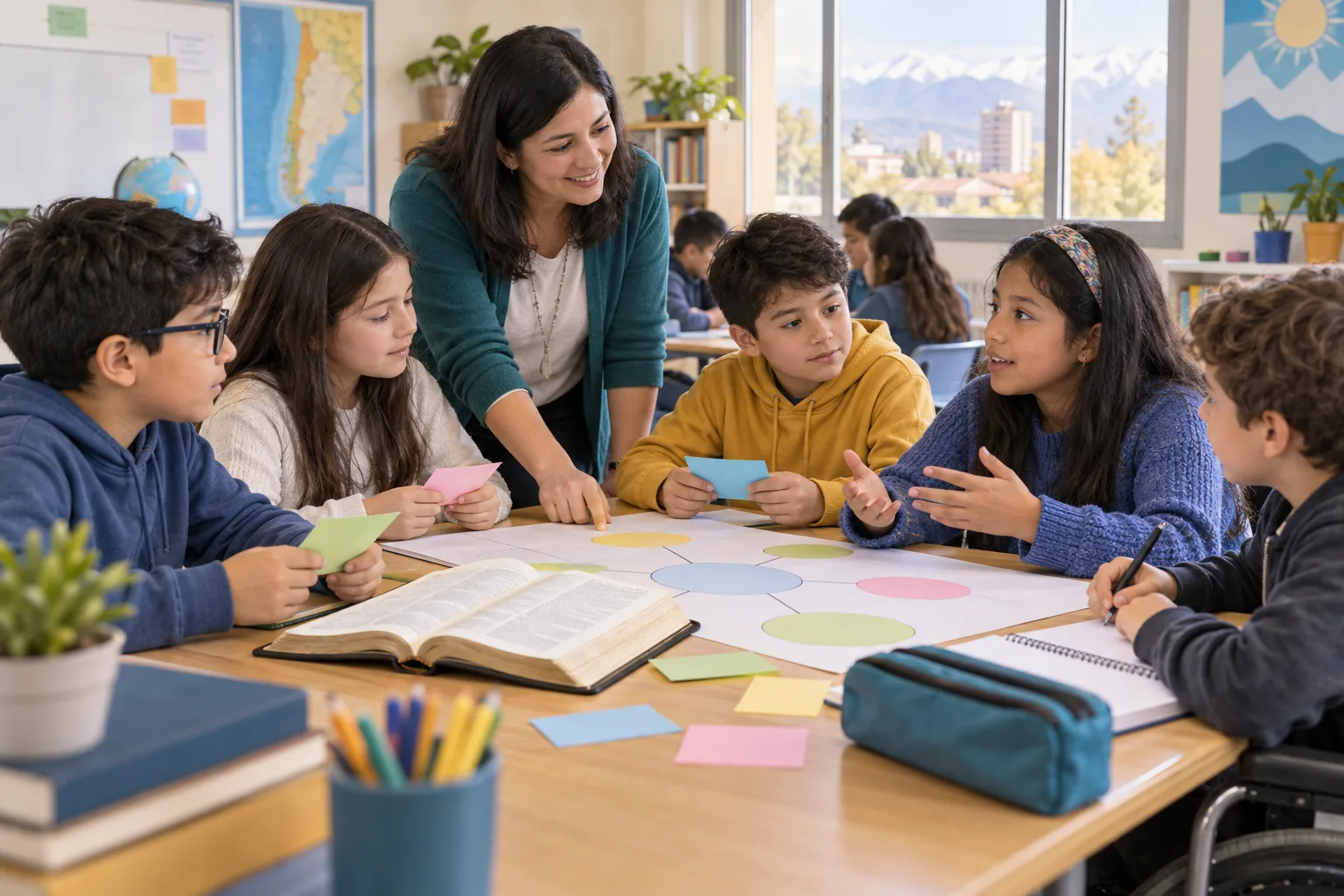 Docente y estudiantes de educación básica dialogando y construyendo un mapa conceptual alrededor de una Biblia abierta