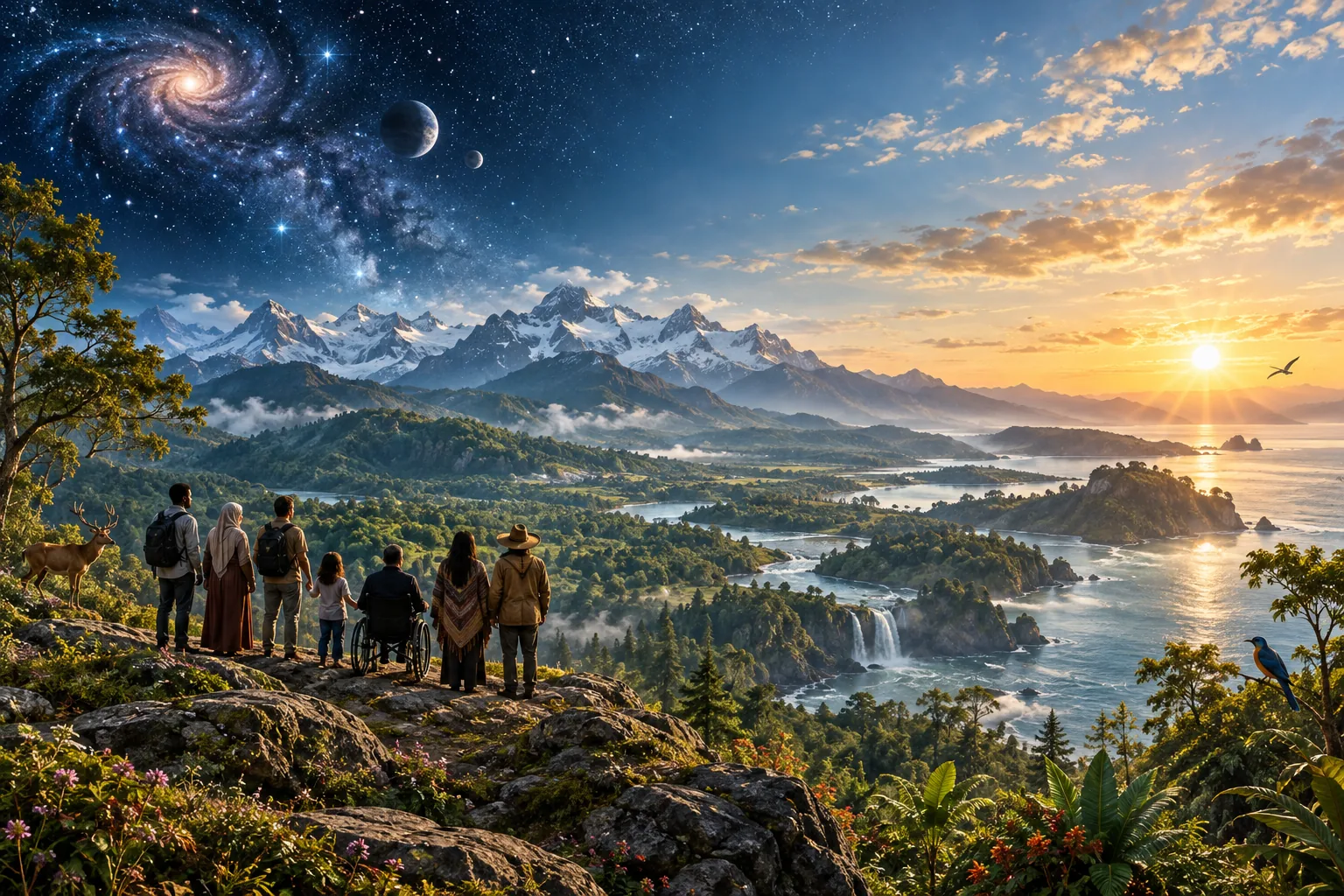 Paisaje que une el cosmos, la naturaleza y un grupo humano diverso como representación de la creación y la dignidad