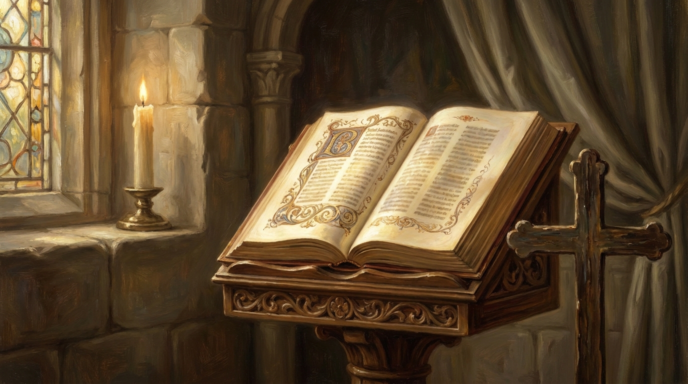 Una Biblia abierta iluminada sobre un atril, símbolo de la Palabra de Dios como centro de la asignatura de Religión