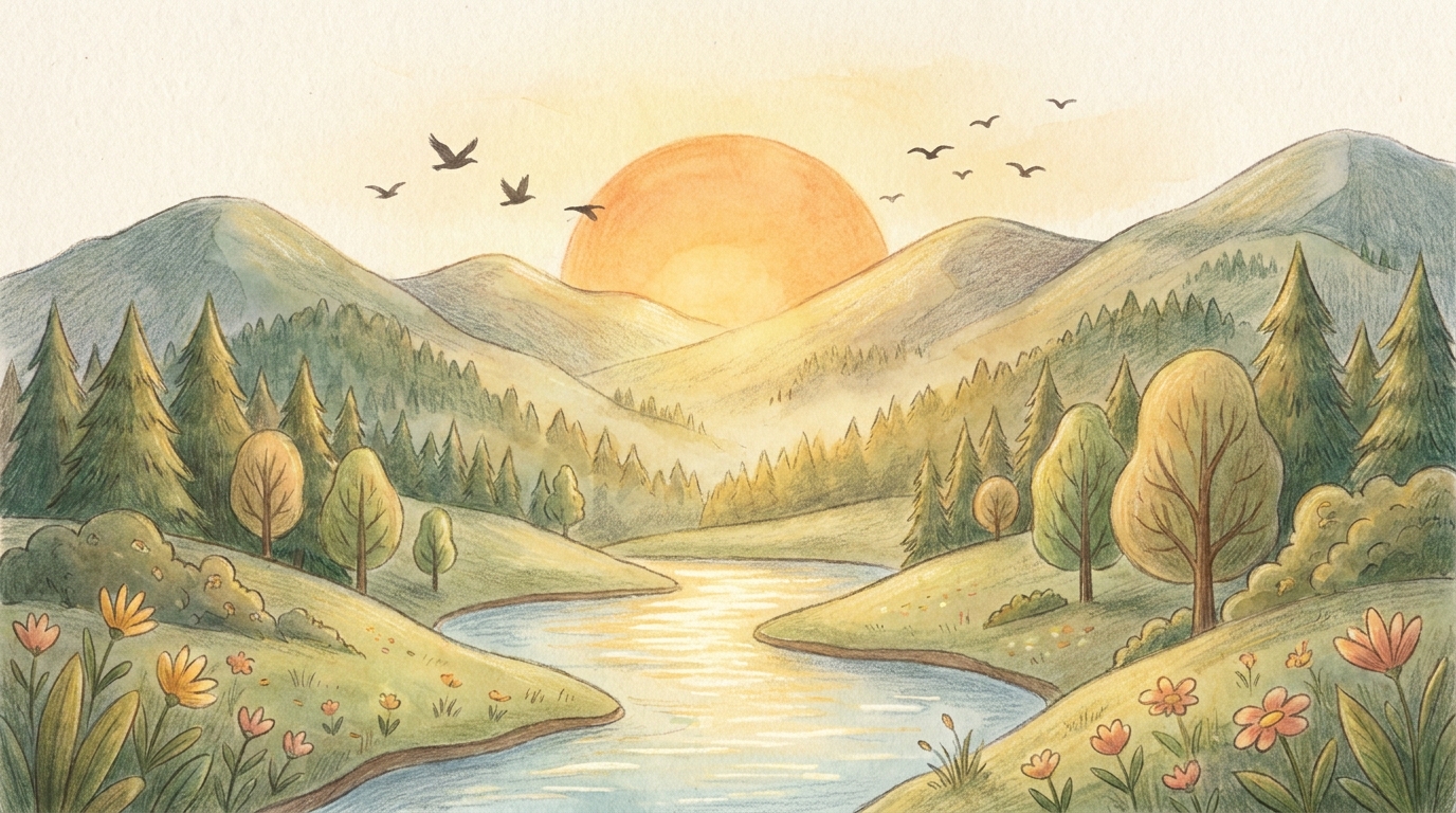 Un paisaje natural luminoso con cielo, agua, montañas y vegetación, evocando la creación como obra y don de Dios confiada al cuidado del ser humano