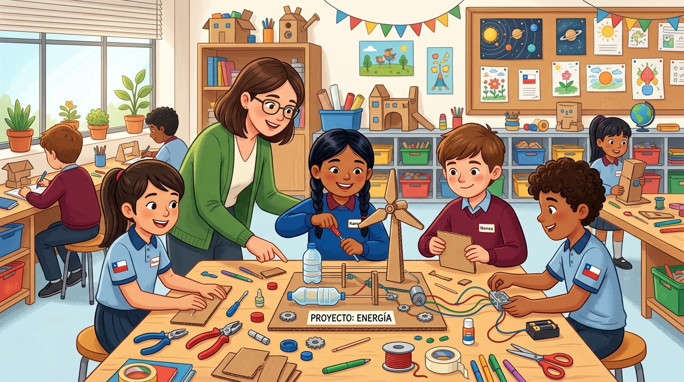 Estudiantes de educación básica trabajando en un proyecto tecnológico con herramientas y materiales reciclados, guiados por su profesor